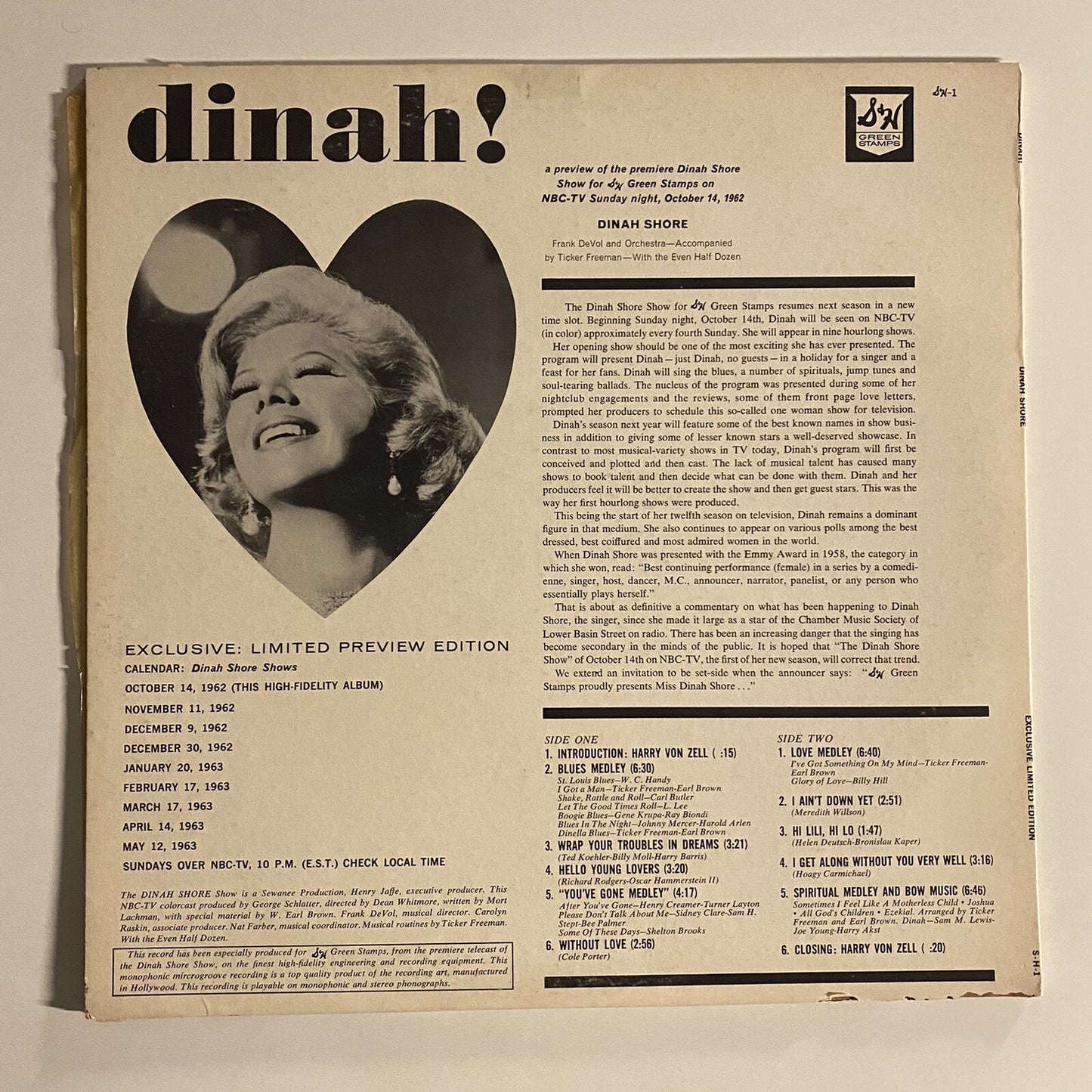 Dinah Shore DINAH! Promo Vinyl LP Record GREEN STAMPS TV PREMEIRE VG+/G+