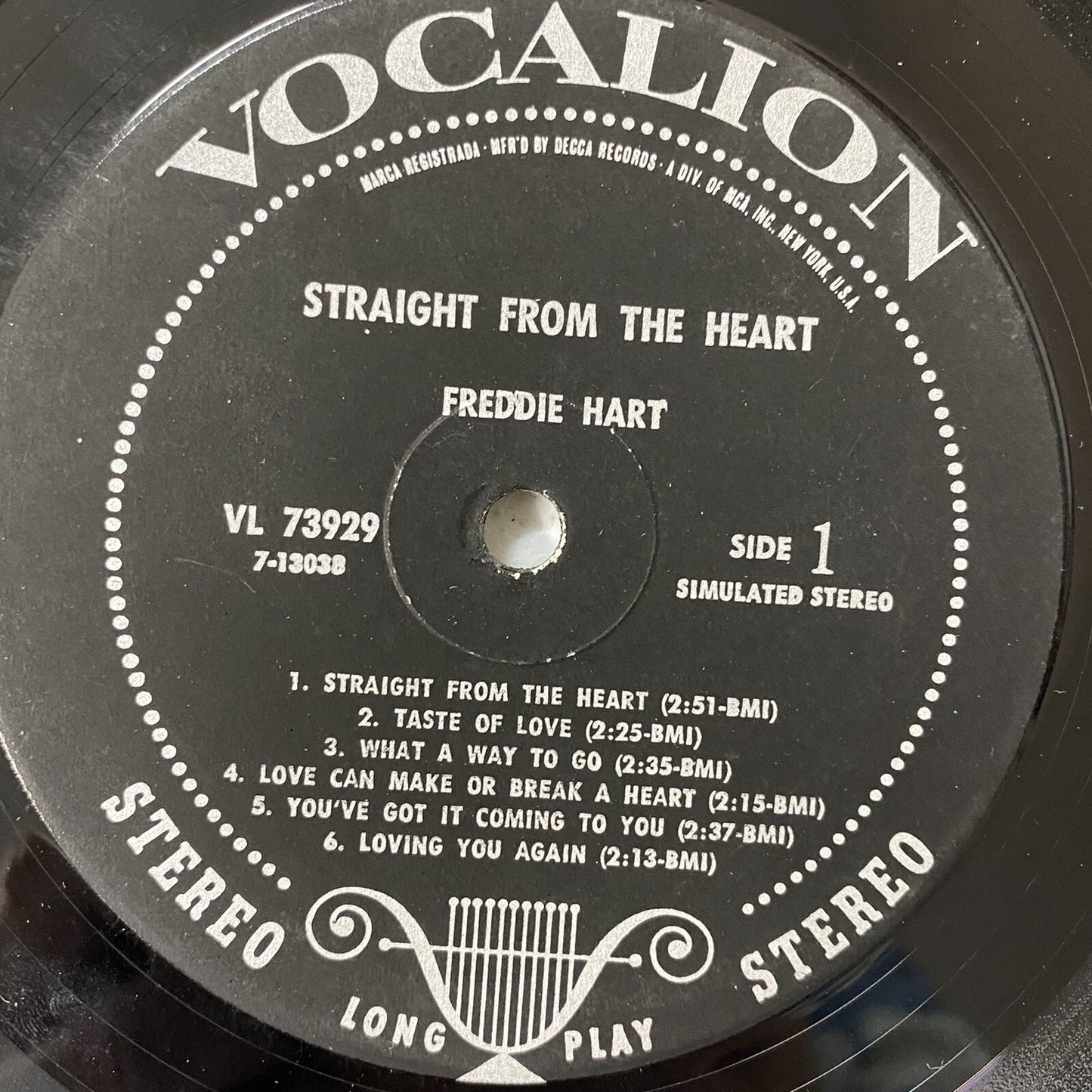 Freddie Hart STRAIGHT FROM THE HEART Vinyl LP Record VG+ (vinyl)
