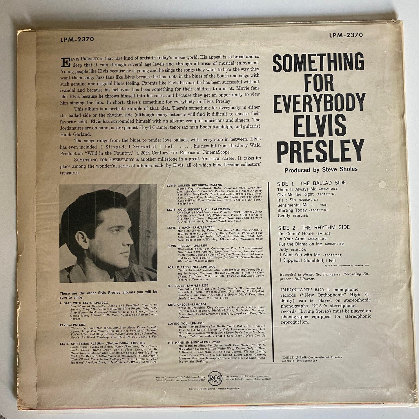 Elvis Presley SOMETHING FOR EVERYBODY Vinyl LP Record VG+/VG