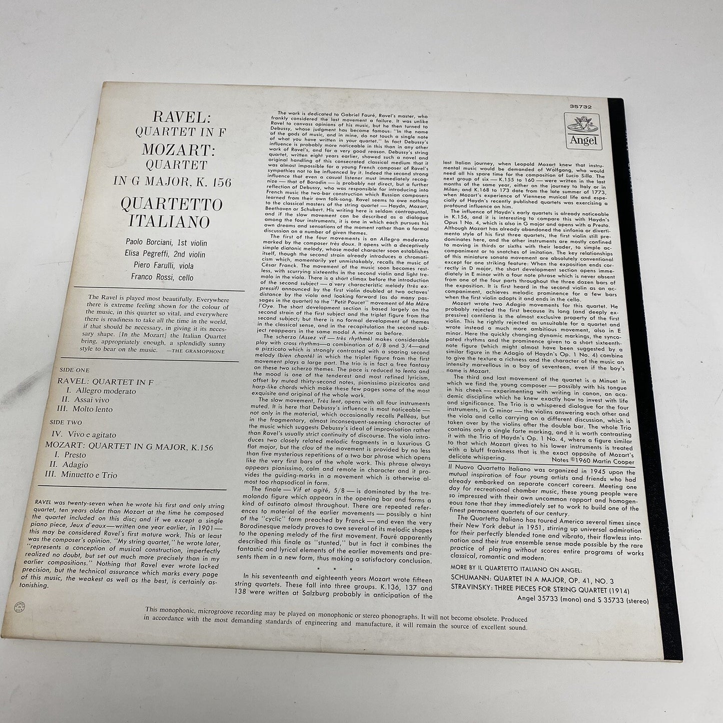 RAVEL Qvartetto Italiano MOZART QUARTET IN G MAJOR K 156 Vinyl LP Record VG+