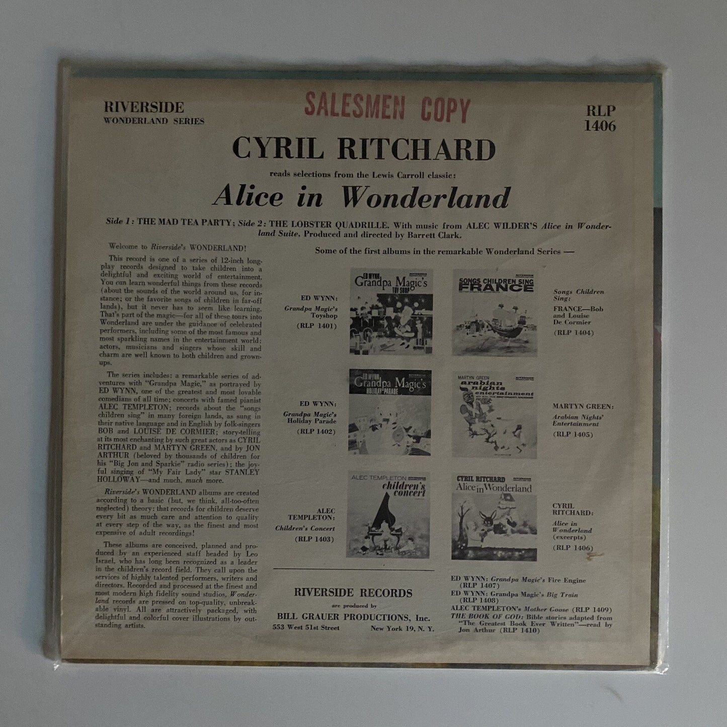 CYRIL RITCHARD Reads Alice In Wonderland Vinyl LP Record VG+ BLUE LABEL!!!