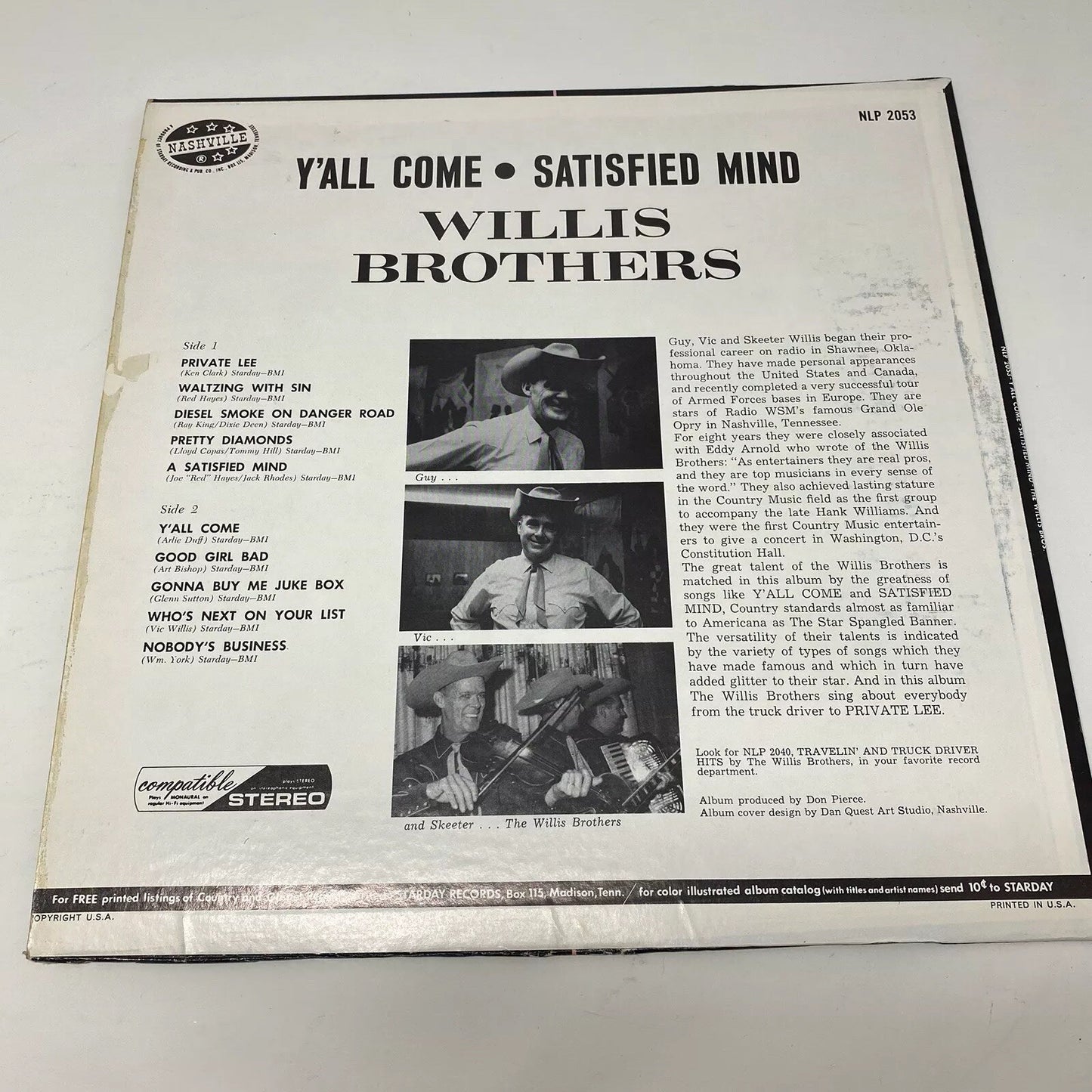 Willis Brothers Y’ALL COME SATISFIED MIND Vinyl LP Record VG