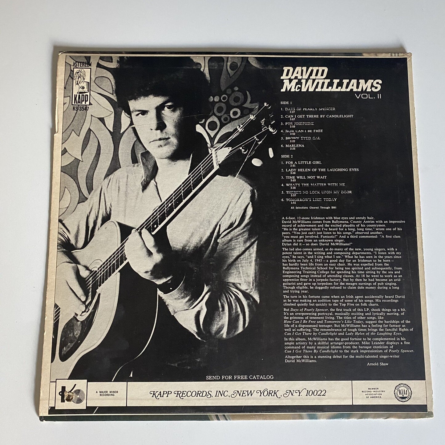 David McWillams DAYS OF PEARLY SPENCER Vinyl LP Record VG+