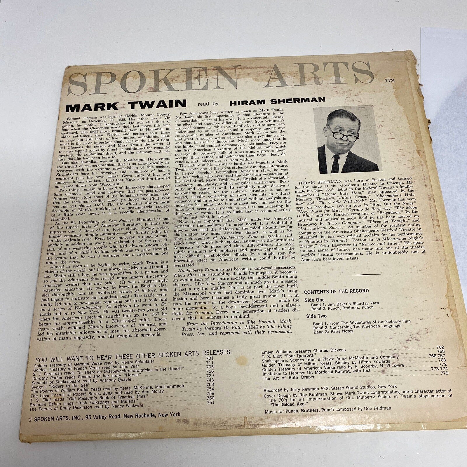 MARK TWAIN read by HIRAM SHERMAN Spoken Art VG+