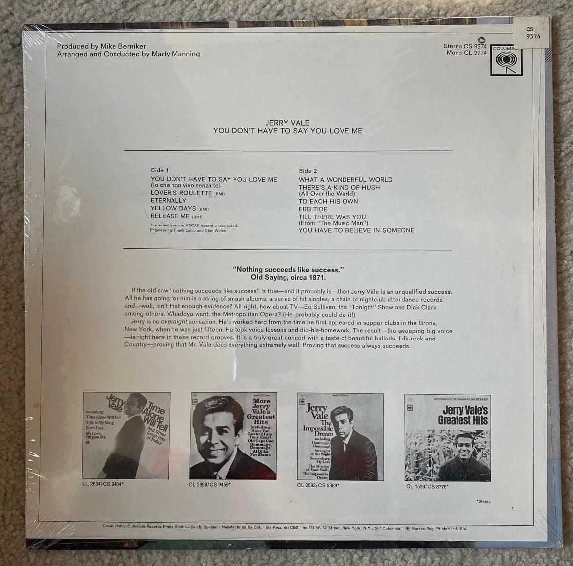 Jerry Vale YOU DON’T HAVE TO SAY YOU LOVE ME Sealed Vinyl LP Record MINT
