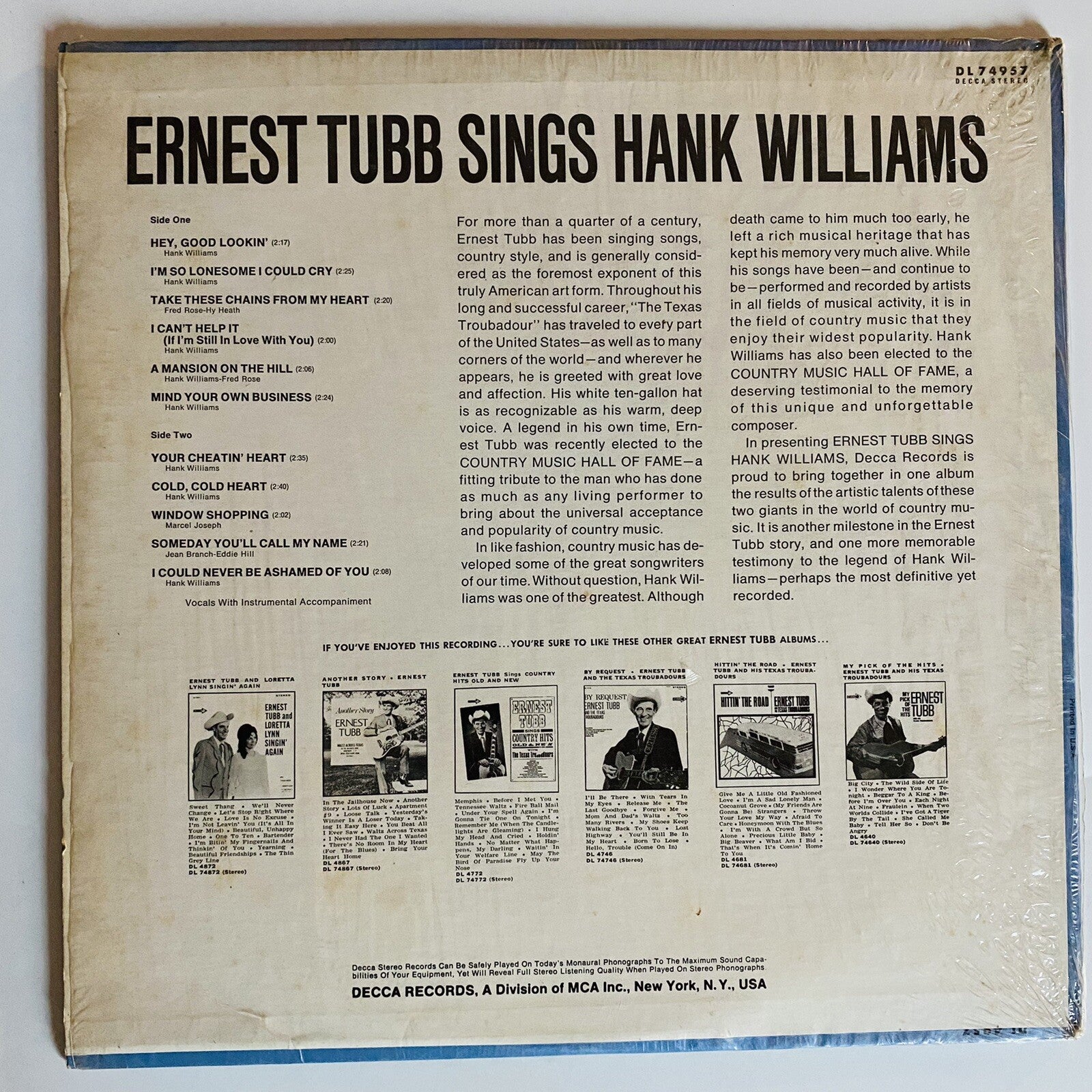 ERNEST TUBB SINGS HANK WILLIAMS Vinyl LP Record VG