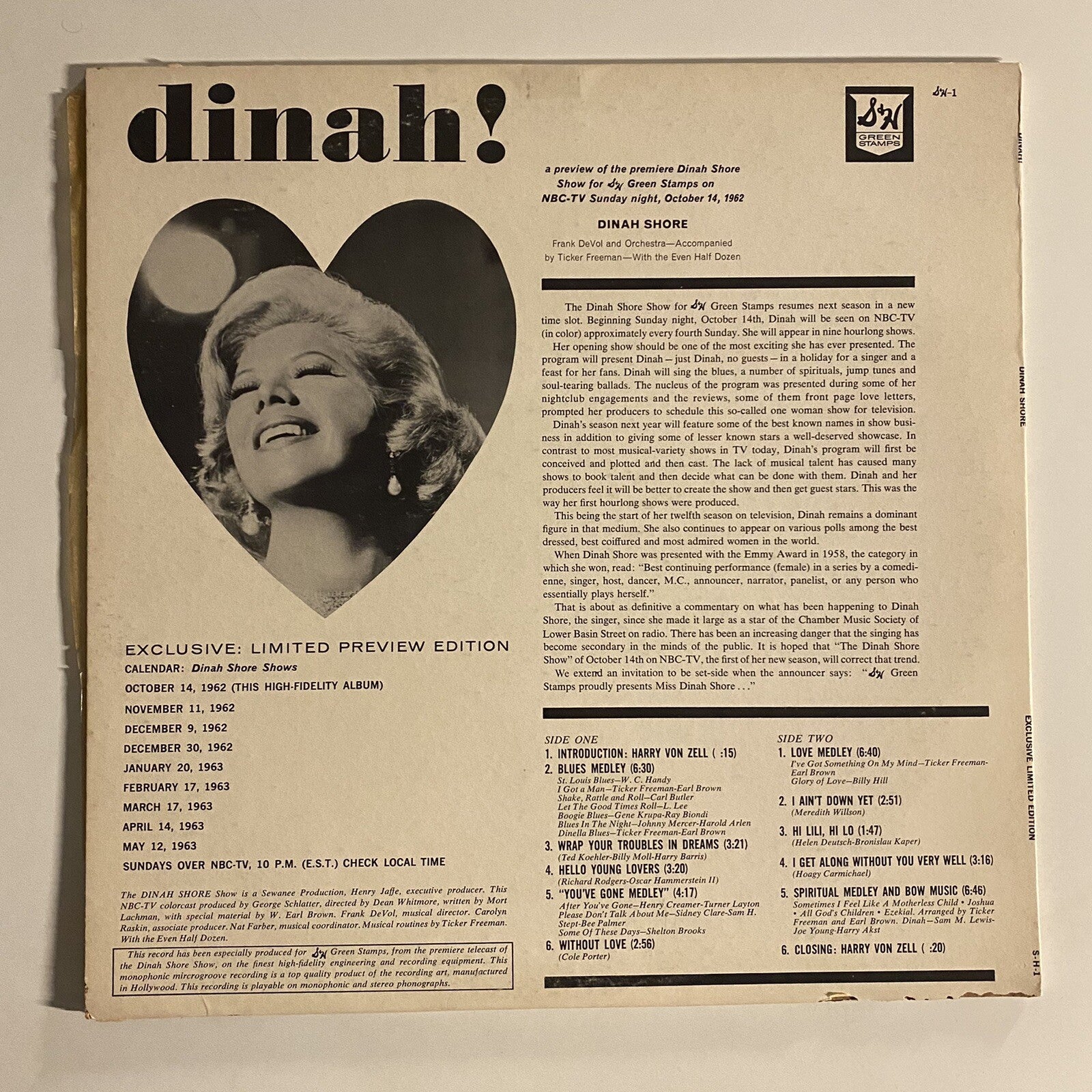Dinah Shore DINAH! Promo Vinyl LP Record GREEN STAMPS TV PREMEIRE VG+/G+