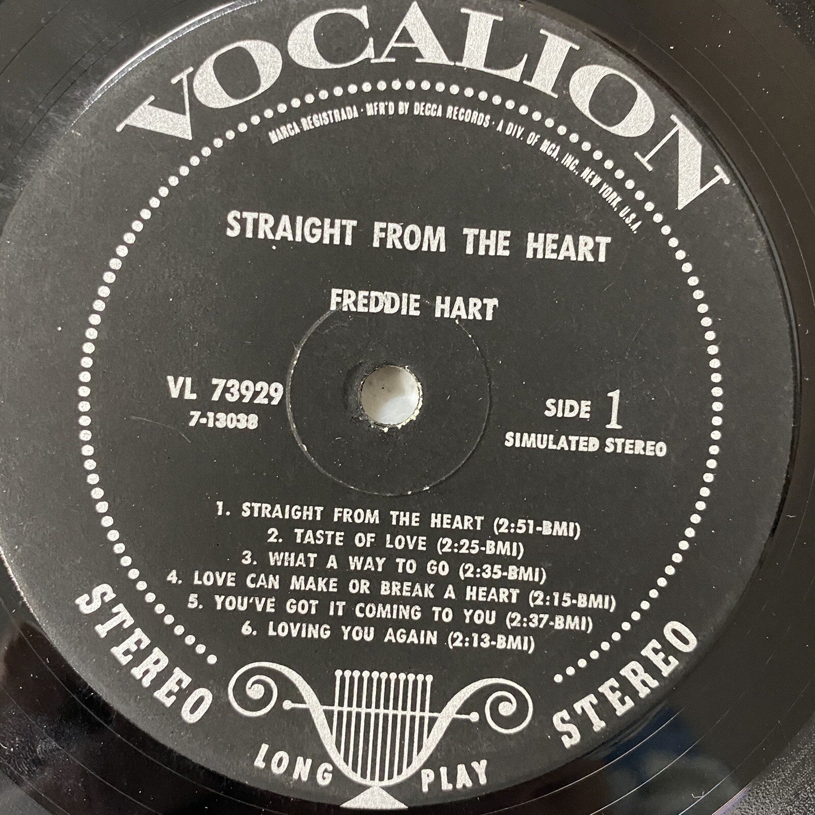 Freddie Hart STRAIGHT FROM THE HEART Vinyl LP Record VG+ (vinyl)