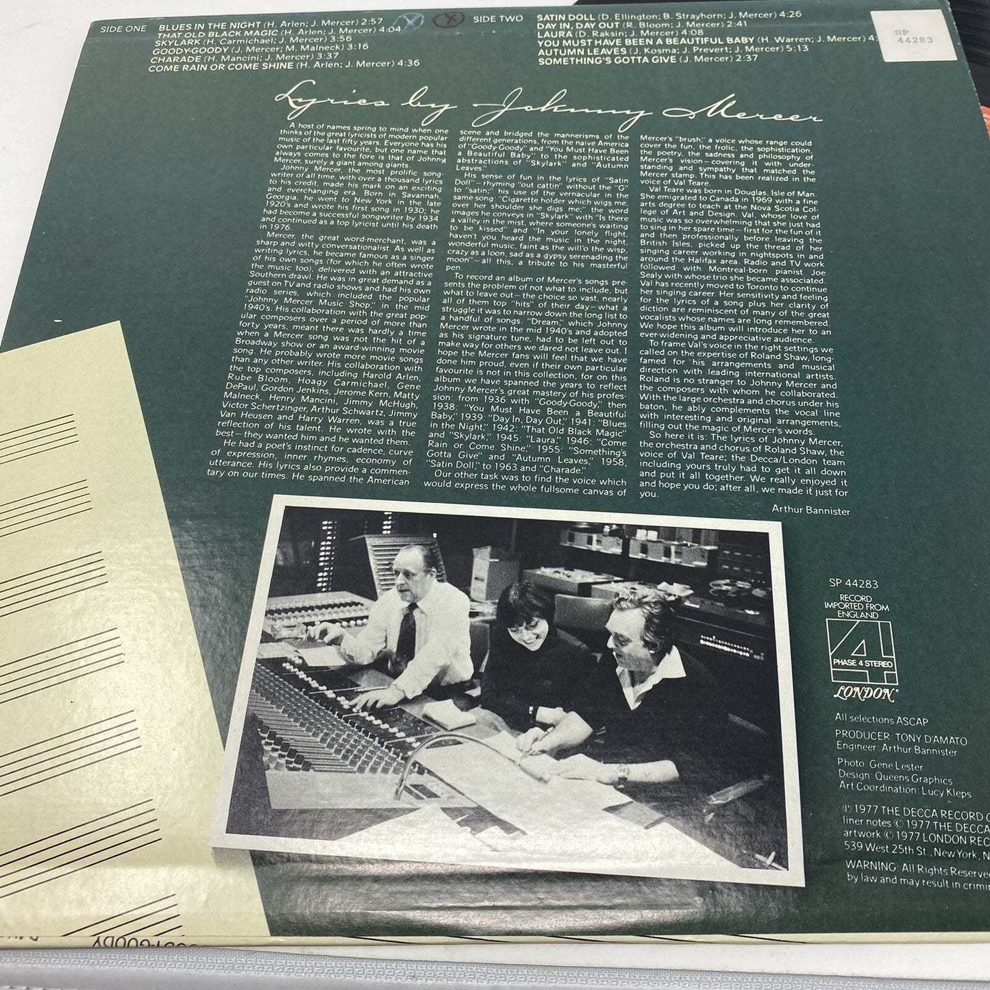 LYRICS BY JOHNNY MERCER Roland Shane VINYL LP RECORD Orchestra & Chorus VG+