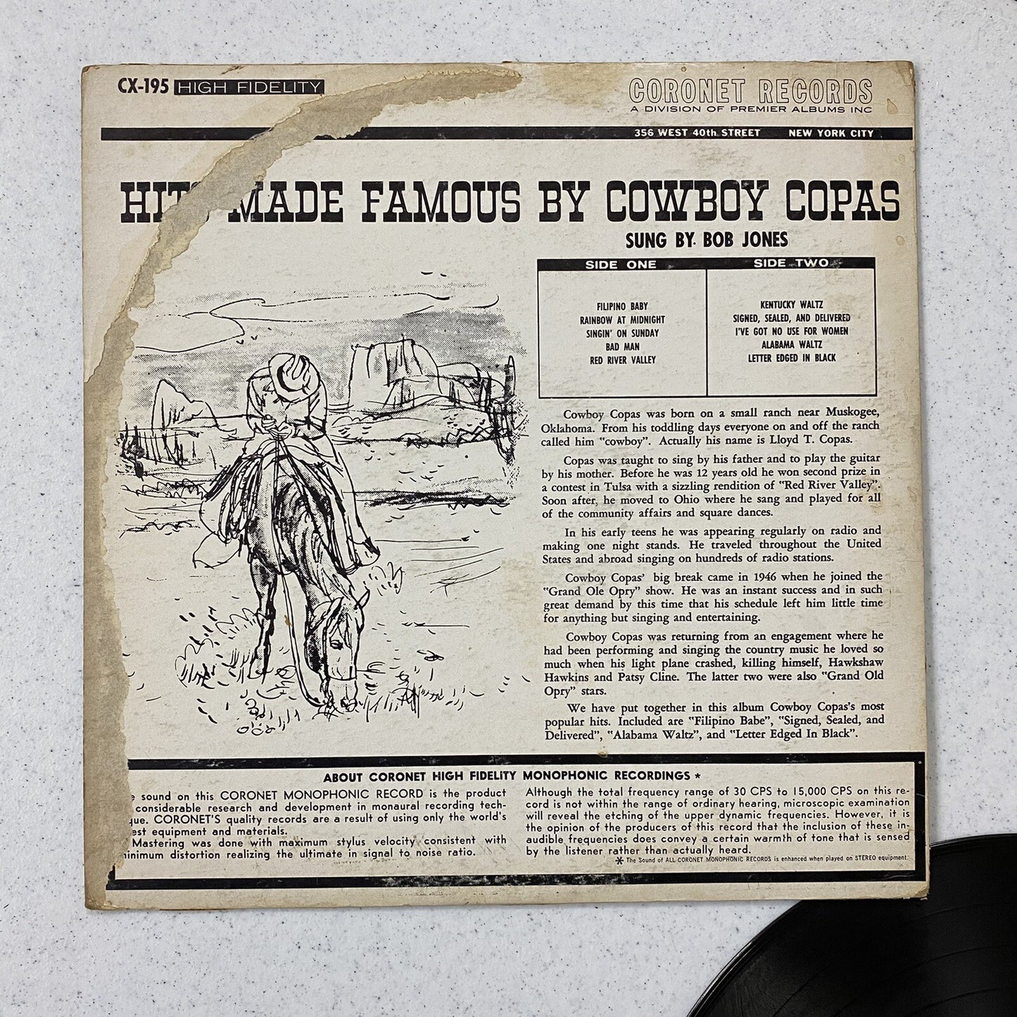 Cowboy Copas HITS MADE FAMOUS Vinyl LP Record CORONET VG+|G