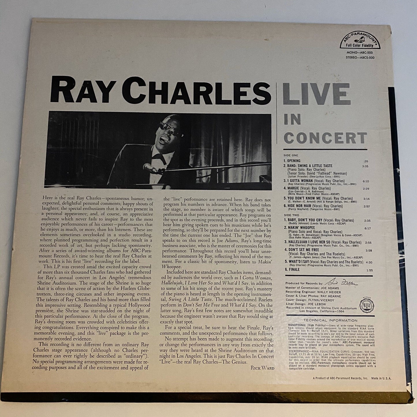 Ray Charles LIVE IN CONCERT Viinyl LP Record 1964 ABC-500 VG+
