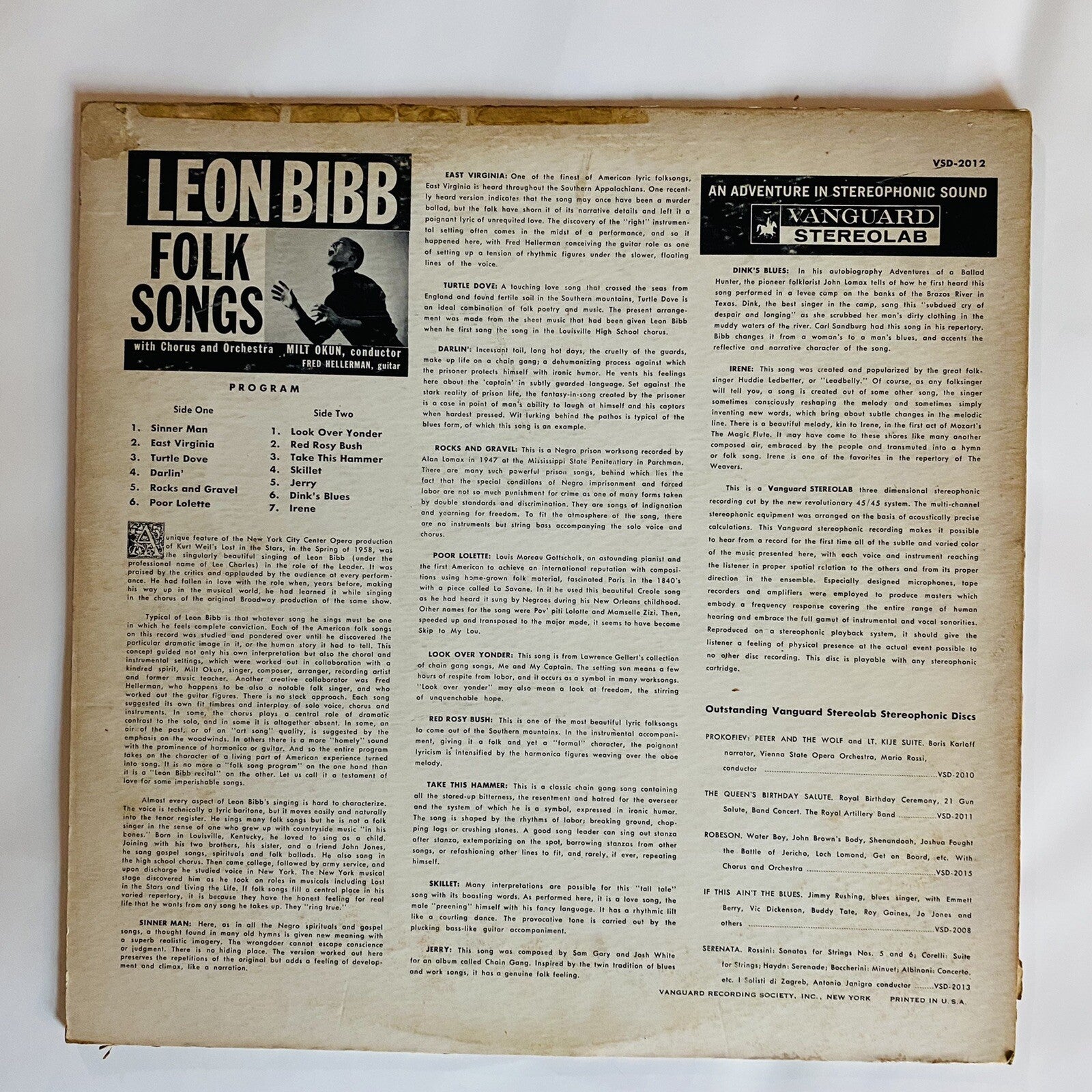 Leon Bibb SINGS FOLK SONGS Vinyl LP Record VSD 2012 VG+/G+