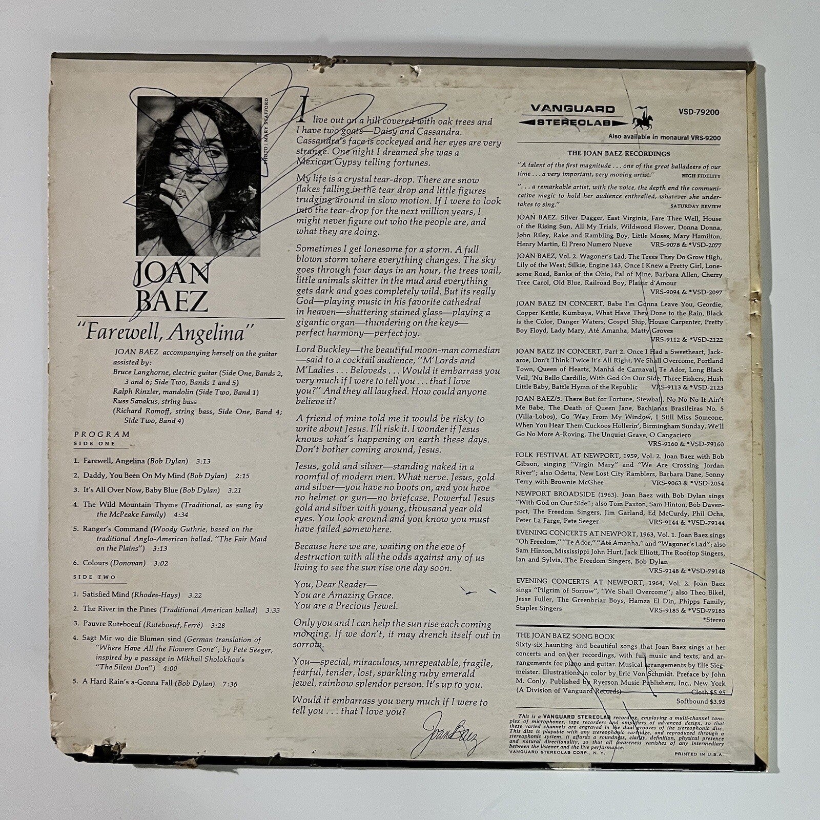 Joan Baez DIAMONDS & RUST + FAREWELL ANGELINA Vinyl LP Record VG+/VG