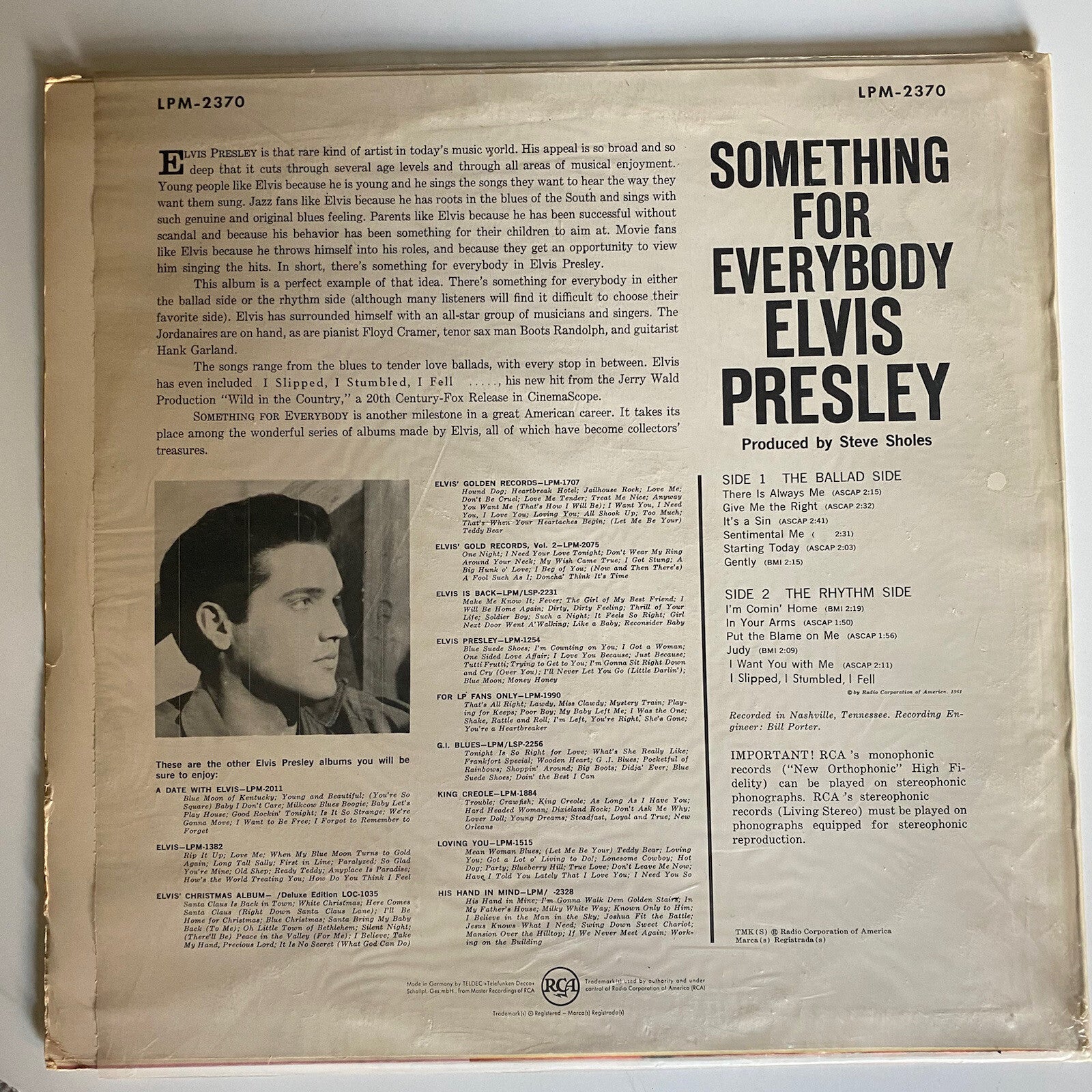 Elvis Presley SOMETHING FOR EVERYBODY Vinyl LP Record VG+/VG