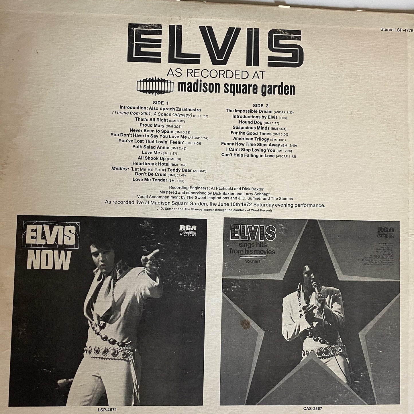 Elvis Presley ELVIS AS RECORDED AT MADISON SQAURE GARDEN 1977 Vinyl LP Record VG