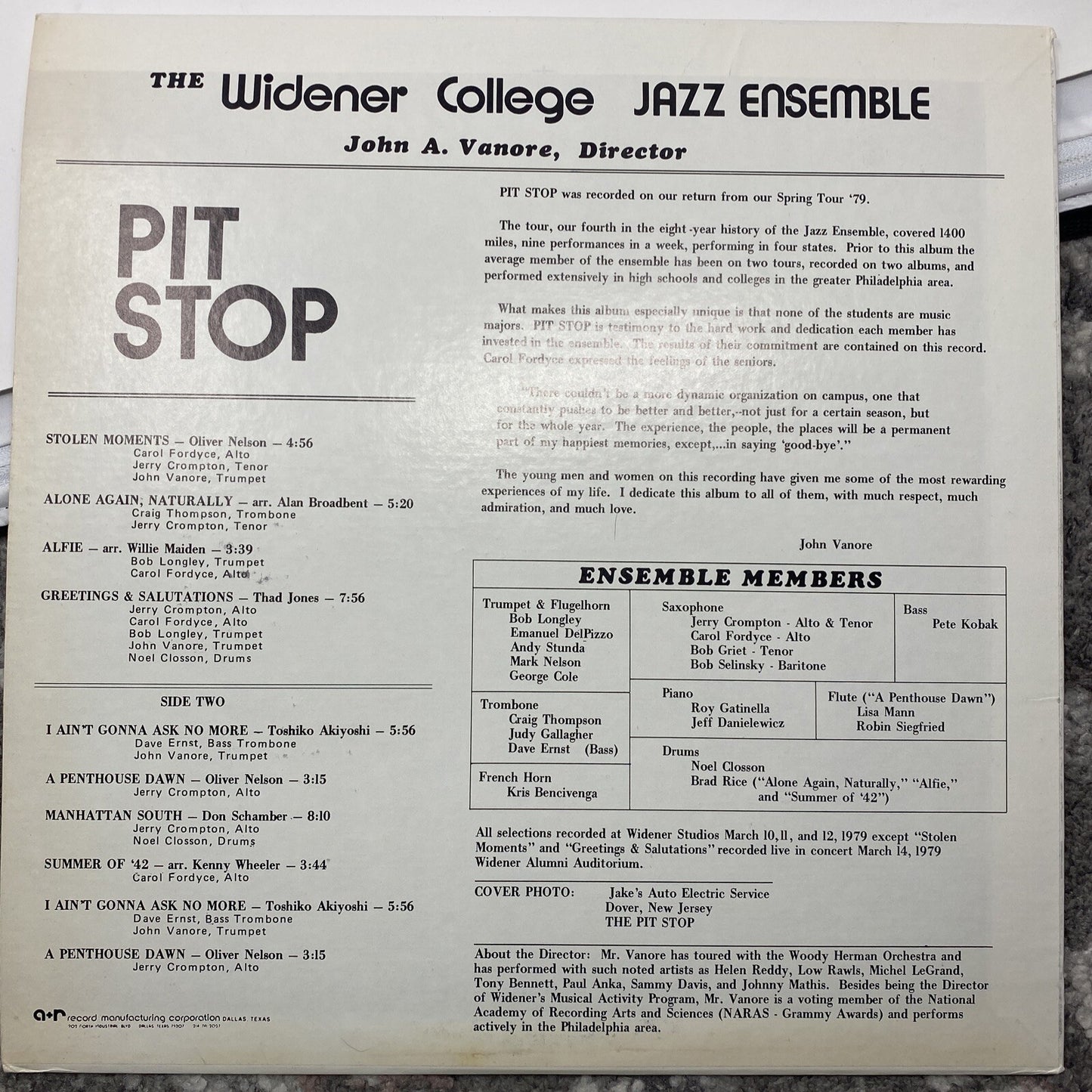 WIDENER COLLEGE JAZZ ENSEMBLE: pit stop NOT ON LABEL 12" LP