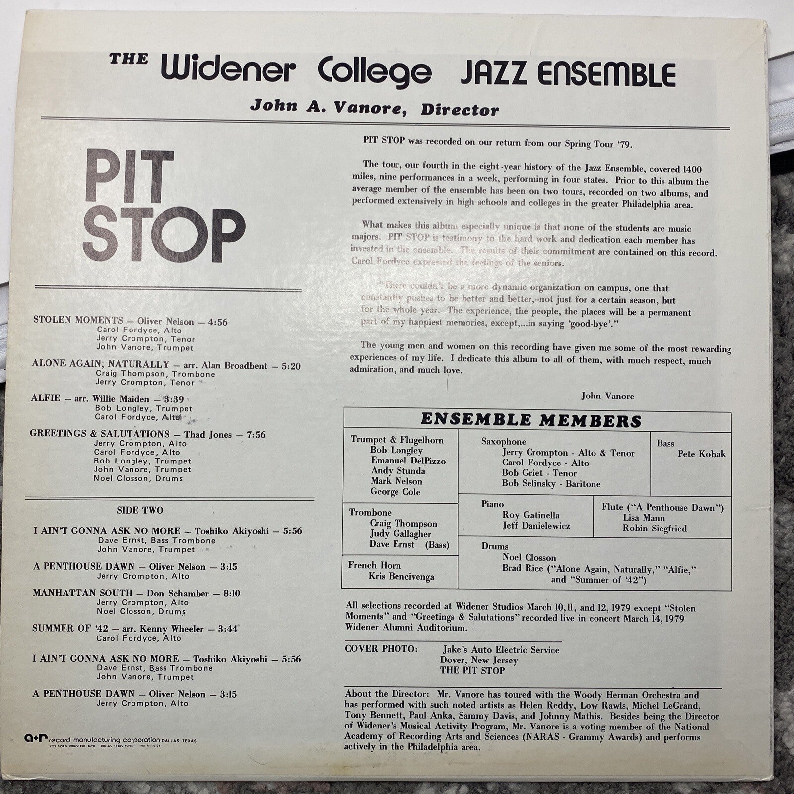 WIDENER COLLEGE JAZZ ENSEMBLE: pit stop NOT ON LABEL 12" LP