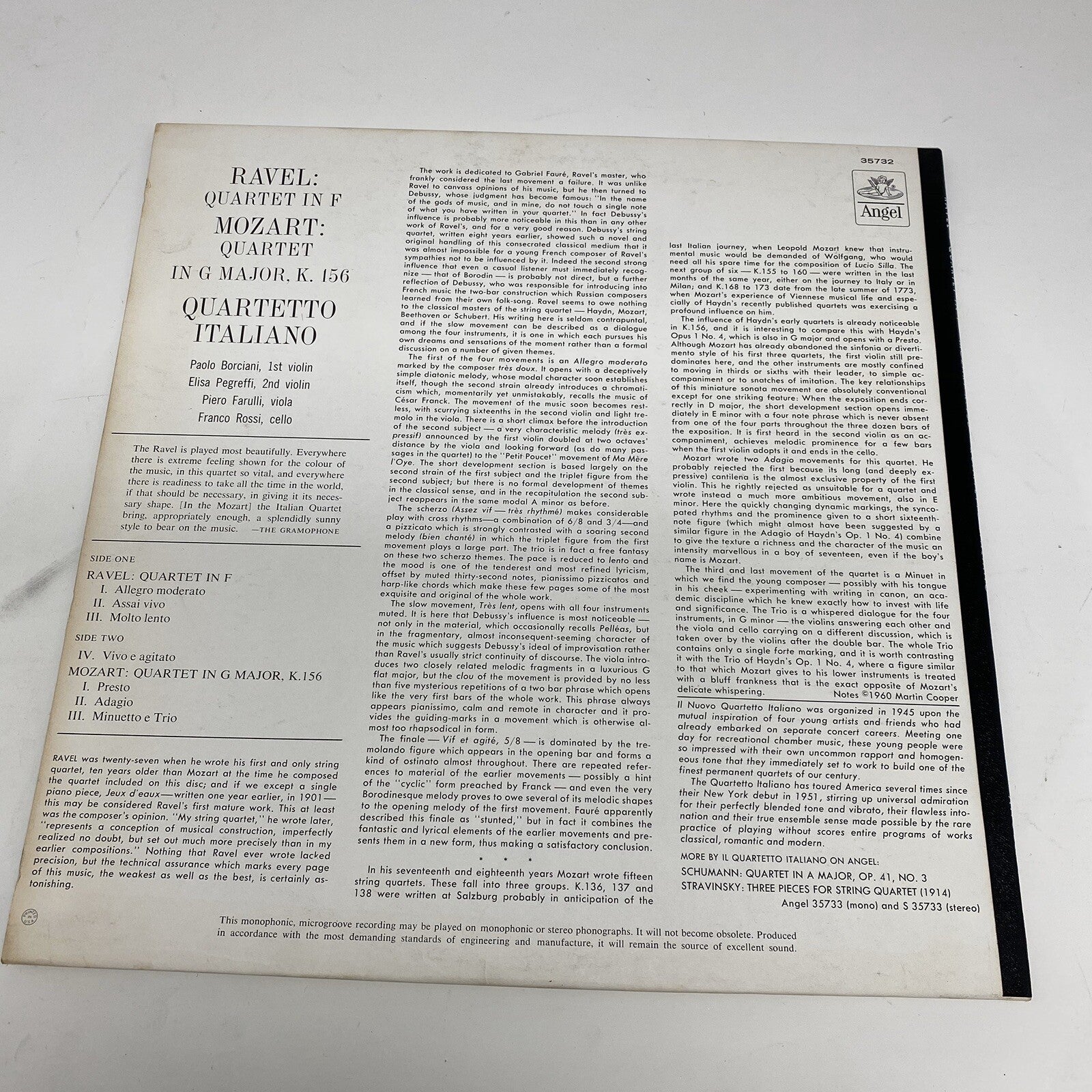 RAVEL Qvartetto Italiano MOZART QUARTET IN G MAJOR K 156 Vinyl LP Record VG+