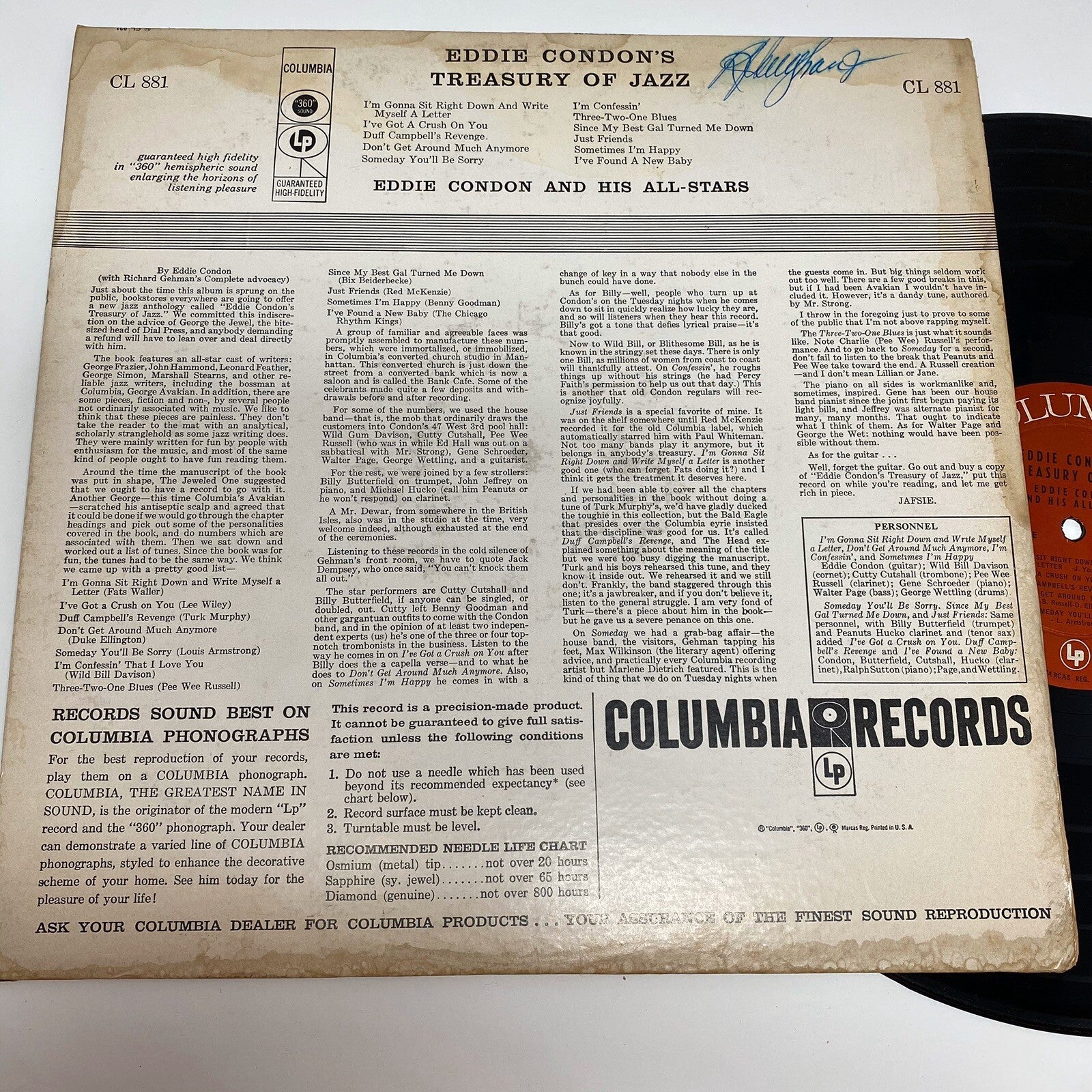 Eddie Condon's TREASURY OF JAZZ Vinyl LP Record Columbia CL 881 6 Eye VG+