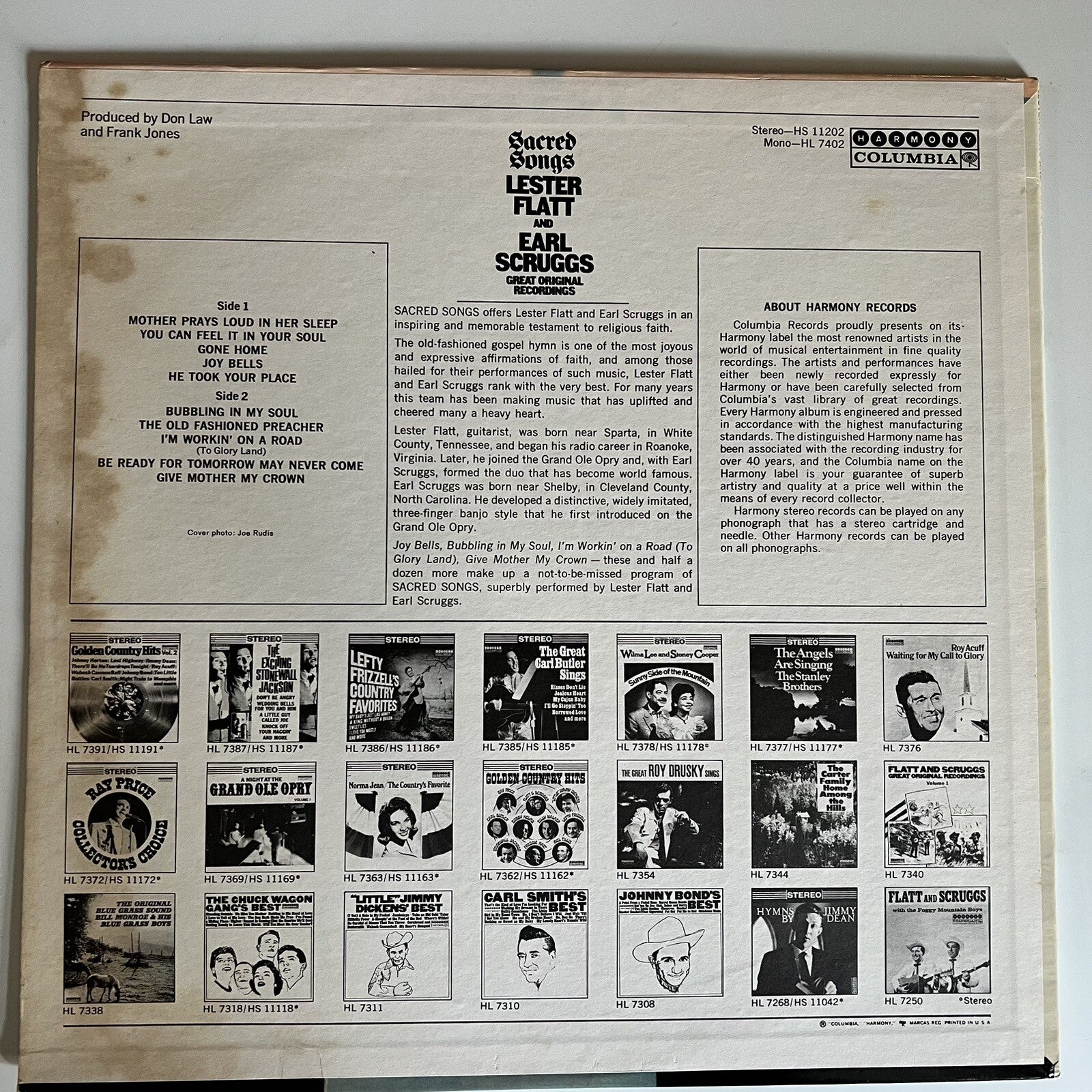 Flatt & Scruggs Sacred Songs 33 RPM LP Record Harmony 1967 HS 11202 Y