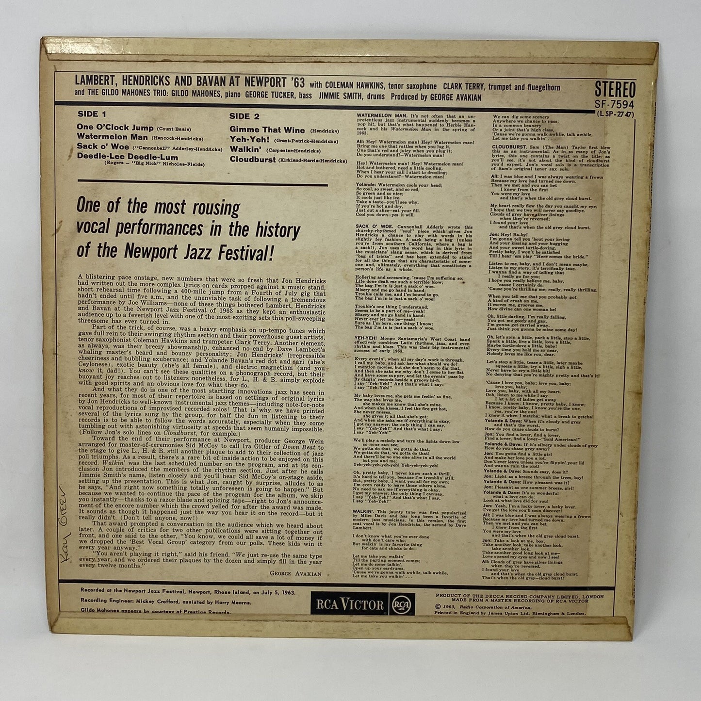 Lambert, Hendricks & Bavan AT NEWPORT '63 Vinyl LP Record SF-7594 VG+