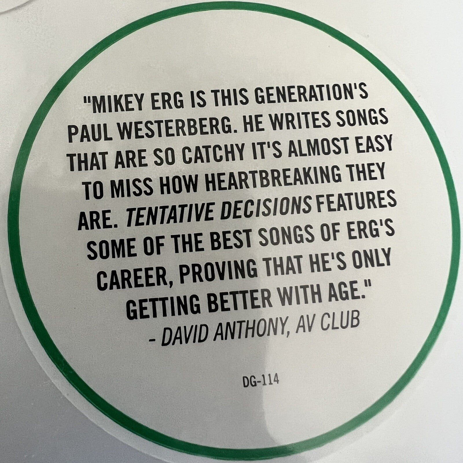 Mikey Erg TENTATIVE DECISIONS Color Vinyl LP Record UNPLAYED M/NM