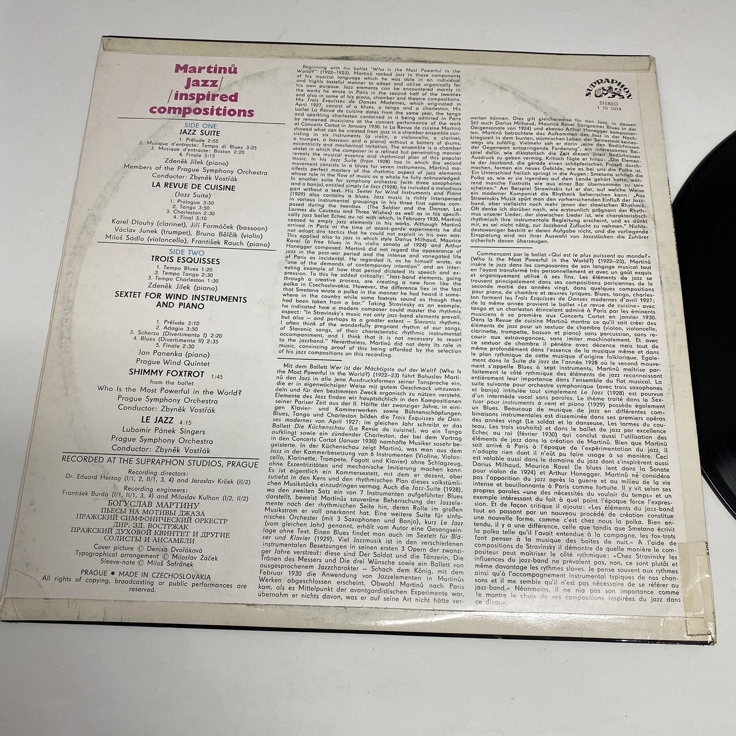 MARTINU-JAZZ INSPIRED COMPOSITIONS Vinyl SUPRAPHON LABEL Import VG+