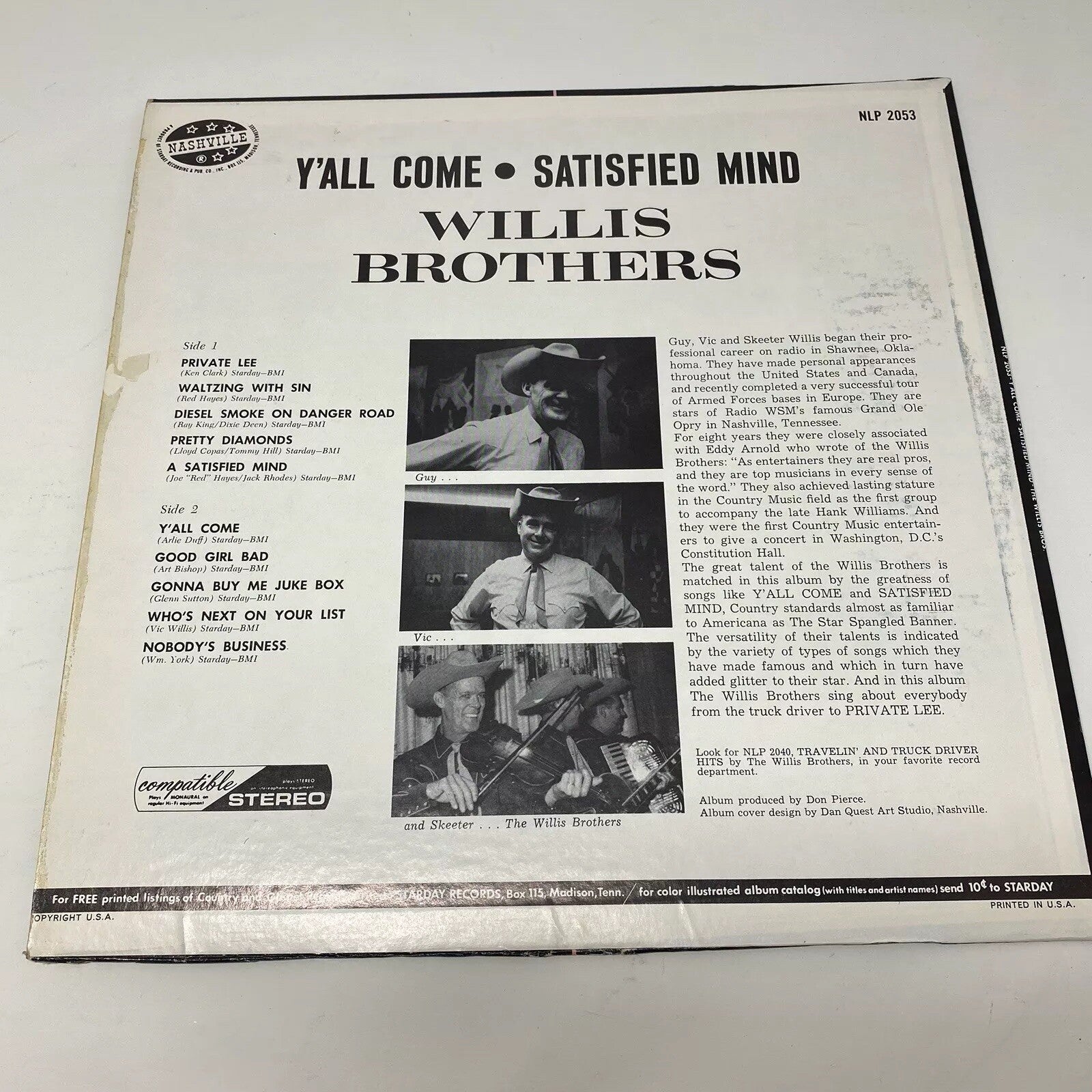 Willis Brothers Y’ALL COME SATISFIED MIND Vinyl LP Record VG