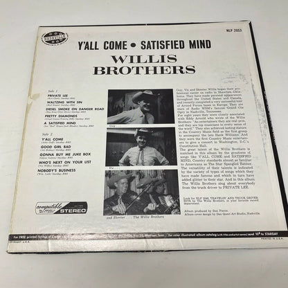 Willis Brothers Y’ALL COME SATISFIED MIND Vinyl LP Record VG