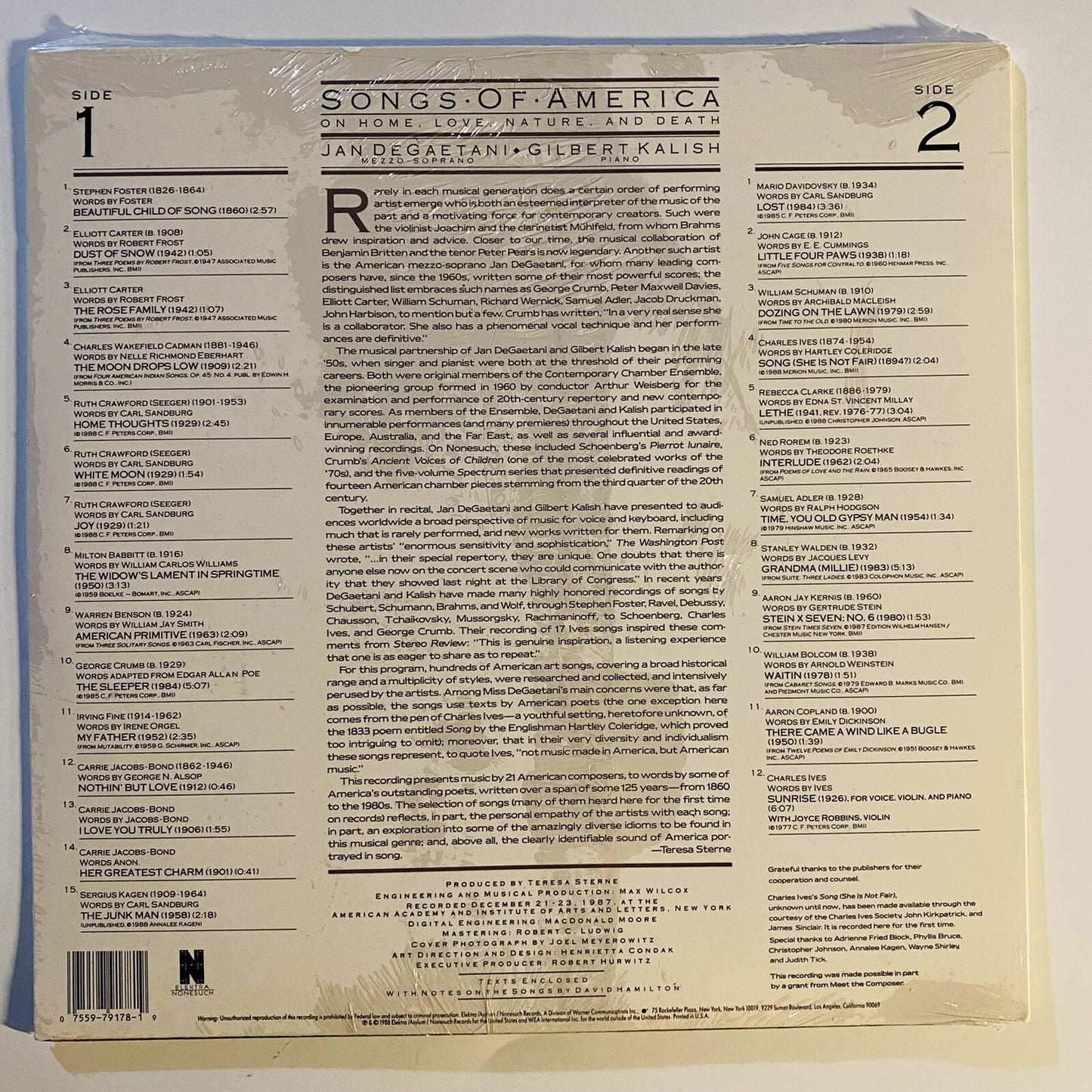 Jan Degaetani & Gilbert Kalish SONGS OF AMERICA New SEALED
