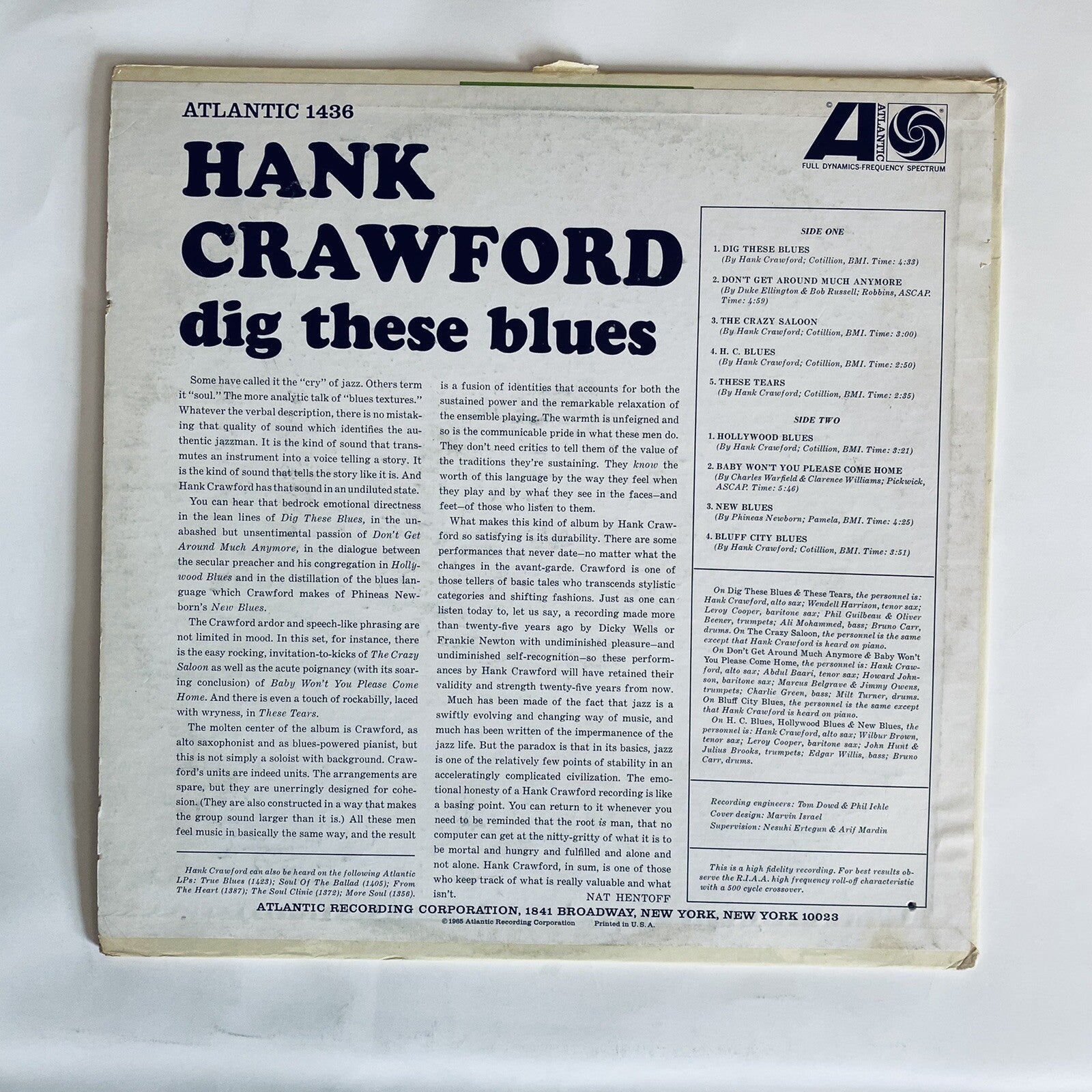 Hank Crawford DIG THESE BLUES Vinyl LP Record MONO 1965 VG+