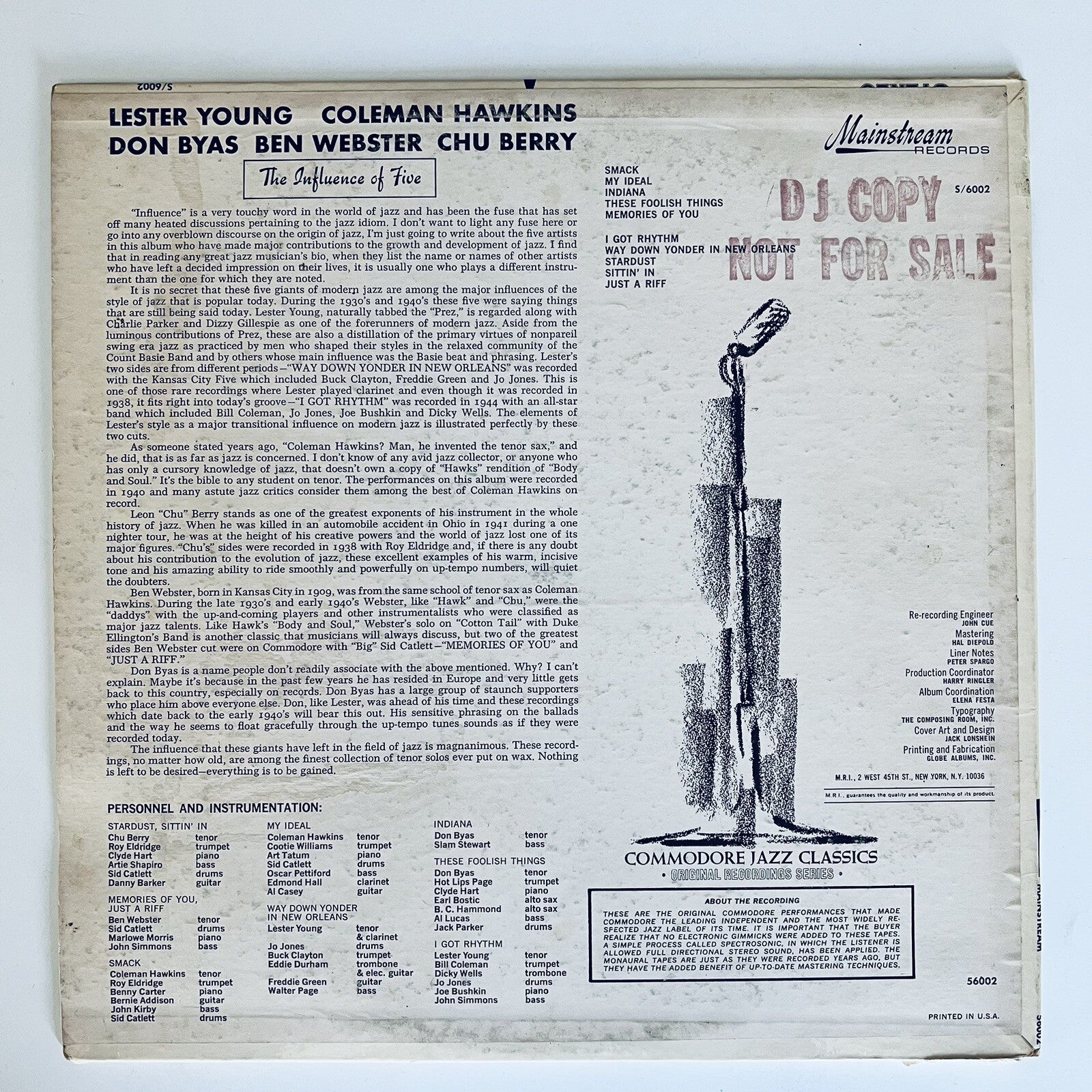 Coleman Hawkins THE INFLUENCE OF FIVE Vinyl LP Record STAMPED "DJ COPY" VG+