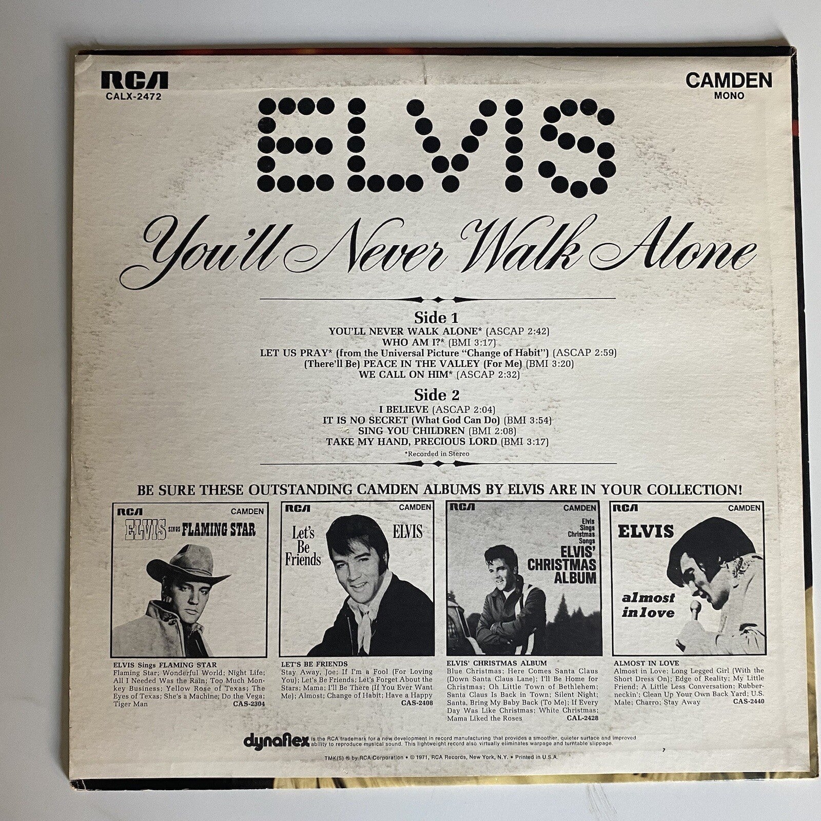 Elvis Presley YOU'LL NEVER WALK ALONE Vinyl LP Record MONO VG+