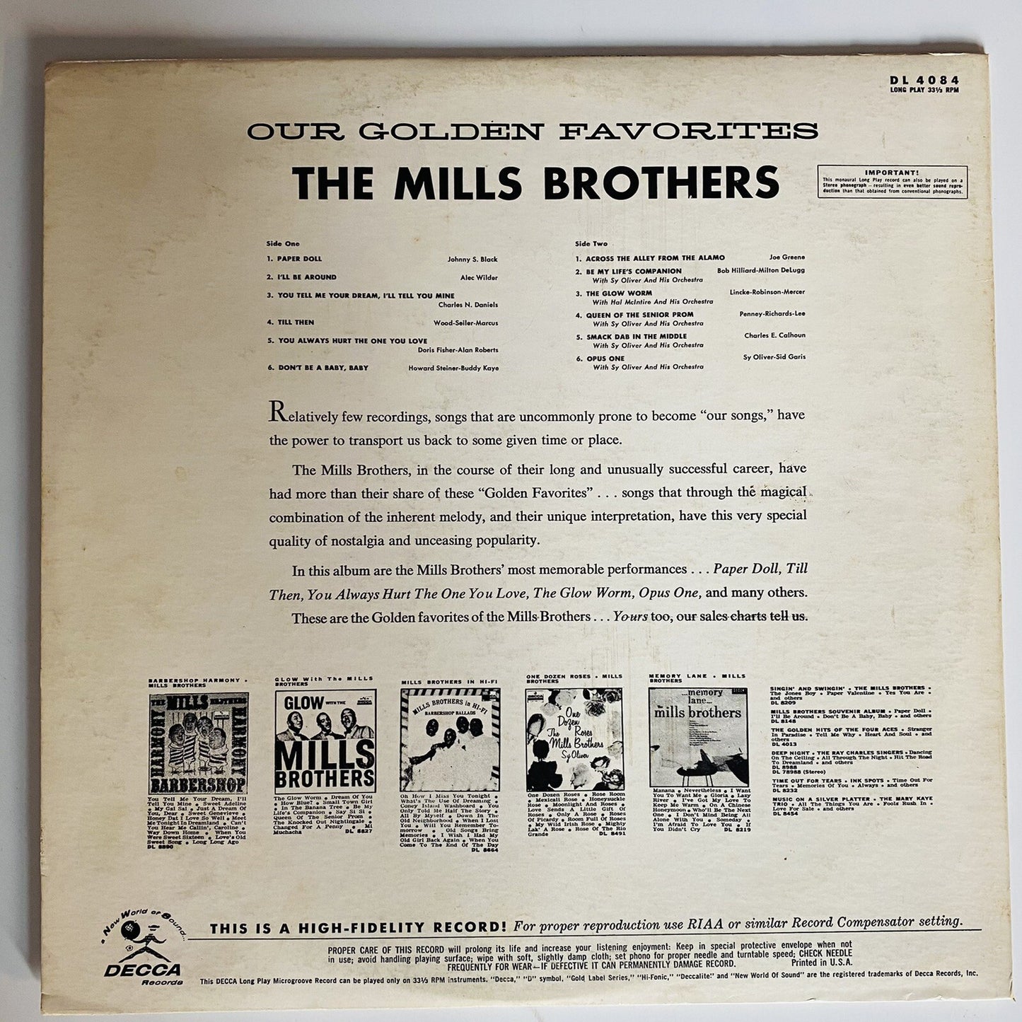 The Mills Brothers OUR GOLDEN FAVORITES Vinyl LP Record VG+