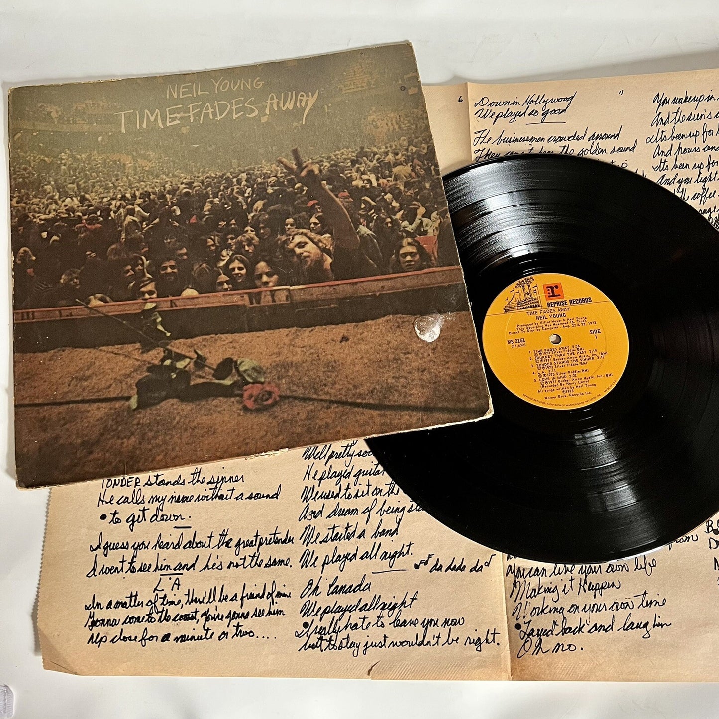 Neil Young TIME FADES AWAY Vinyl LP Record w/lyric poster VG/VG+ 1973