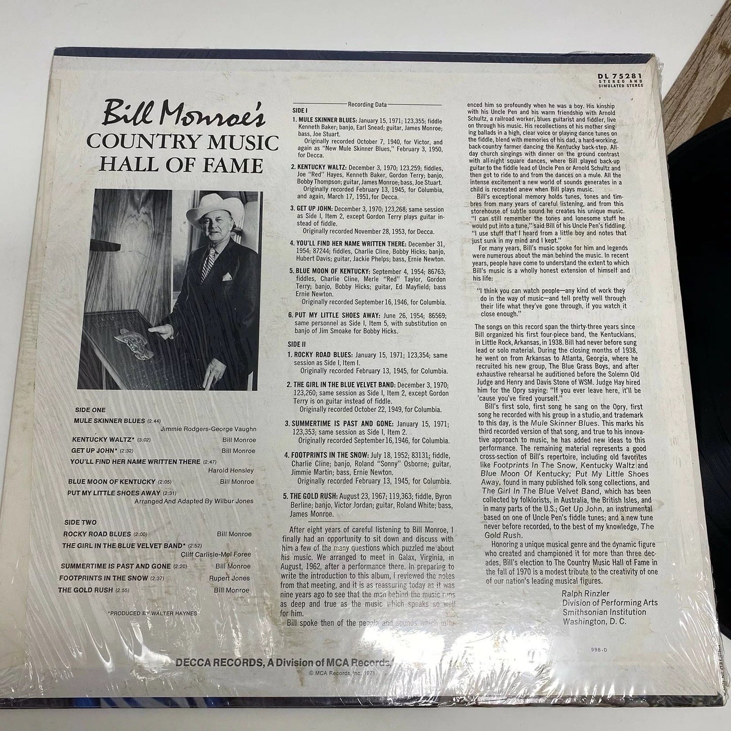 Bill Monroe’s COUNTRY MUSIC HALL OF FAME Vinyl Record VG+