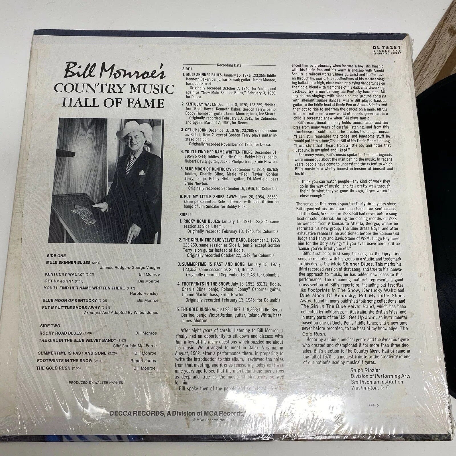 Bill Monroe’s COUNTRY MUSIC HALL OF FAME Vinyl Record VG+